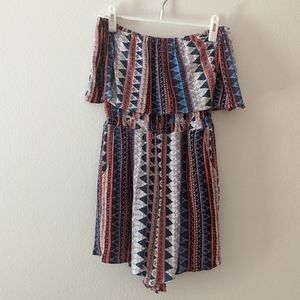 Lulus Off The Shoulder Romper Red White Blue Tribal Pattern Large